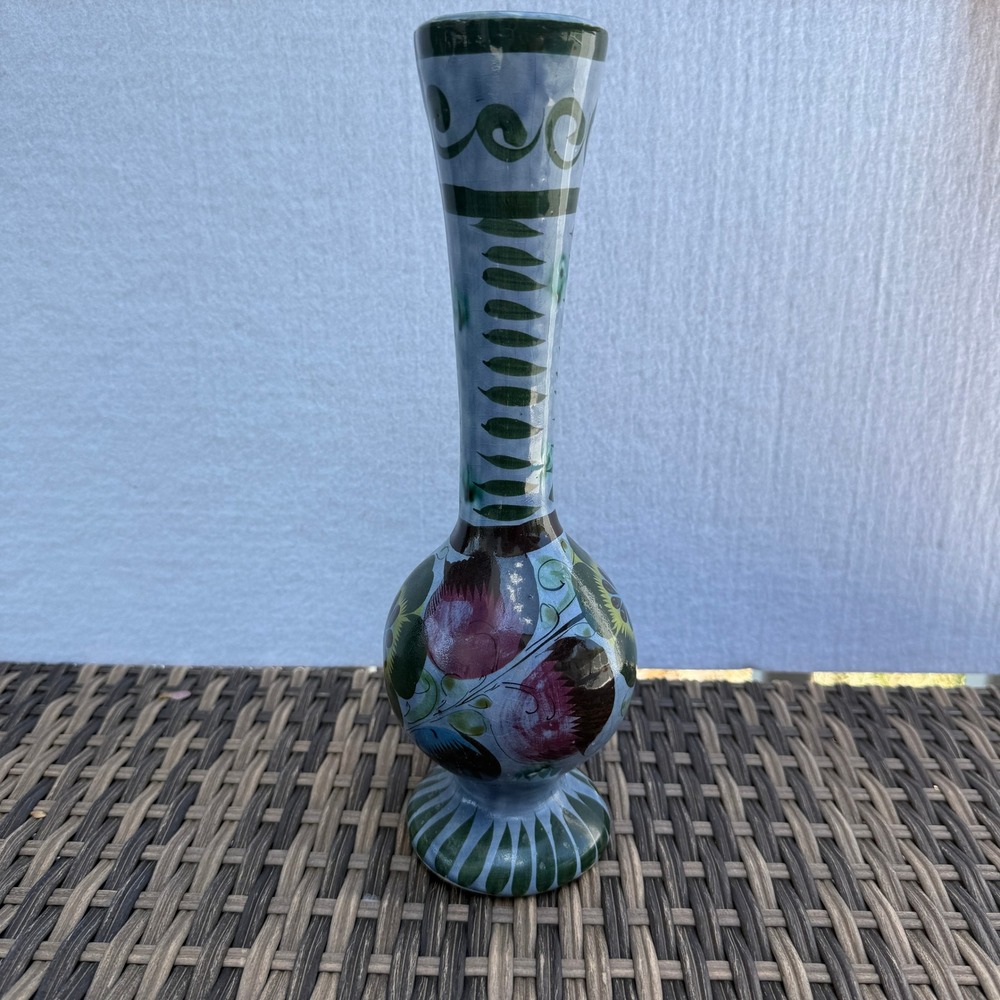 Vintage Mexican Pottery Vase Hand Painted Blue Green Floral Tall Ceramic 11.5"